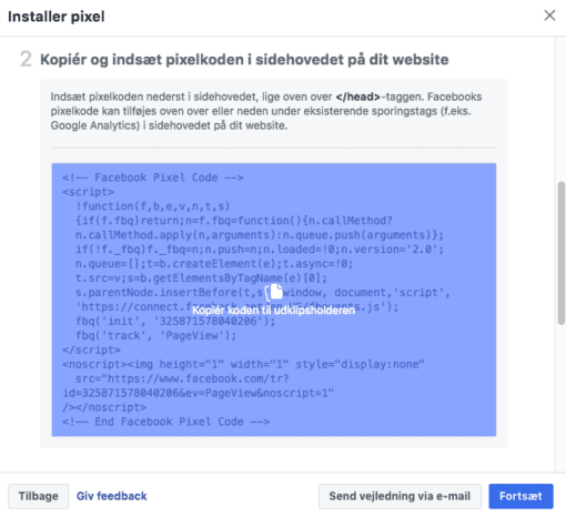 Kopier pixel Facebook kode